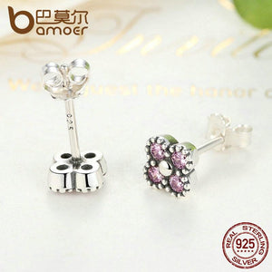 BAMOER 925 Sterling Silver Earrings Pink Silver Clear CZ Push Back Stud Earrings PAS481