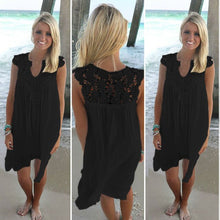 将图片加载到图库查看器，Lace Patchwork Dress Summer Beach Vacation Solid Women Dress Sexy V Neck Sleeveless Hollow Out Loose Dress White Lady Mini Dress
