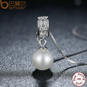 BAMOER 925 Sterling Silver Simulated Pearl Pendant Necklace Long Chain Necklace SCN030