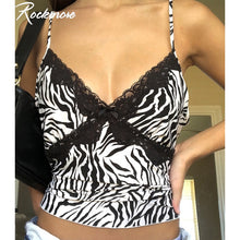 将图片加载到图库查看器，Rockmore Patchwork Lace Sexy Low Cut Tank Top Women Zebra Print Spaghetti Strap Crop Top Streetwear Cami V-Neck Club Party Y2k
