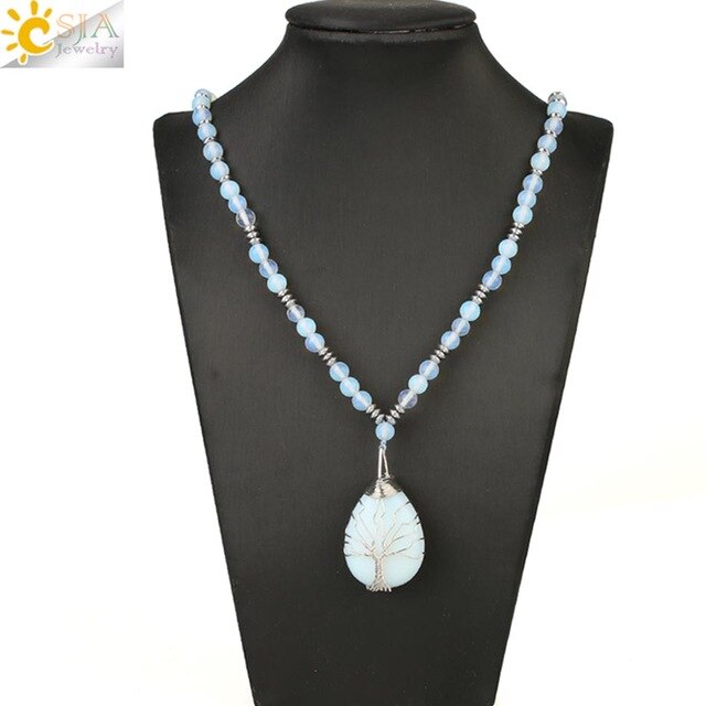 CSJA 6mm Opal Beaded Necklaces Tree of Life Wire Wrap Pendant 7 Chakra Healing Bead Handmade Jewelry for Female Men Collier S478