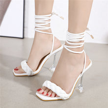 将图片加载到图库查看器，2021 Summer Designer Women Weave Blue Clear Heels Sandals 9cm Fetish High Heels Lace Up Sandals Open Toe Prom Shoes Plus Size

