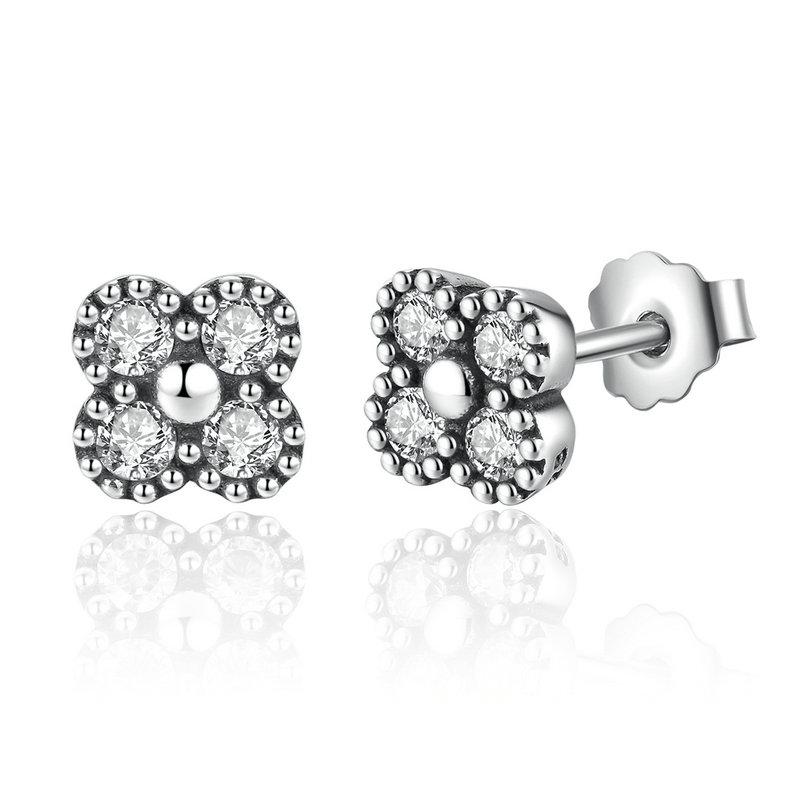 BAMOER 925 Sterling Silver Earrings Pink Silver Clear CZ Push Back Stud Earrings PAS481