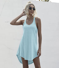 将图片加载到图库查看器，Solid Casual O-neck Sleeveless Tank Dress Women Loose Off Shoulder Asymmetrical Cotton Mini Dress Summer Streetwear Plus Size
