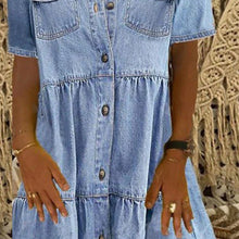 将图片加载到图库查看器，Denim Dress Retro Women Short Sleeve Turn Down Collar Pockets Button Long Loose Denim Dress Pockets Button Long Loose Plus size
