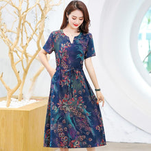 将图片加载到图库查看器，Plus Size XL-6XL 2020 New Women Summer Long Dress Slim Flowers Print Dress Women High Quality V-Neck Short Sleeve Casual Dress
