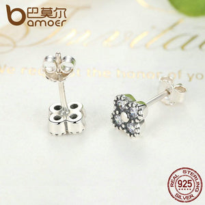 BAMOER 925 Sterling Silver Earrings Pink Silver Clear CZ Push Back Stud Earrings PAS481