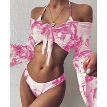 将图片加载到图库查看器，2021 Sexy Three Pieces Bikini Set Bell Sleeve Bikini Cover Up Swimwear Women Swimsuit Print Bathing Suit Beachwear Swimming Suit
