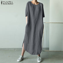 将图片加载到图库查看器，2021 ZANZEA Women O Neck Short Sleeve Sundress Summer Solid Cotton Linen Dress Split Long Vestido Female Robe Casual Party Dress
