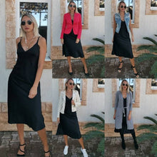 将图片加载到图库查看器，2020 Women Satin Deep V Neck Sexy Dress Solid Straight Pajamas Party Dress Elegant Female Summer Spaghetti Strap Dress Casual
