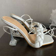 将图片加载到图库查看器，2021 Summer Designer Women Weave Blue Clear Heels Sandals 9cm Fetish High Heels Lace Up Sandals Open Toe Prom Shoes Plus Size
