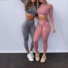 将图片加载到图库查看器，Sarah Women two piece set Seamless set Fitness Sports Suits gym clothes Long Sleeve Shirts High Waist Leggings Workout Pants tracksuit
