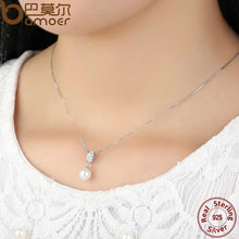 将图片加载到图库查看器，BAMOER 925 Sterling Silver Simulated Pearl Pendant Necklace Long Chain Necklace SCN030
