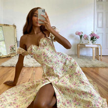 将图片加载到图库查看器，Glamm Lady Floral Print Casual Midi Sexy Party Dresses For Womens Strapless Autumn Summer Dress Club Bodycon Dress Puff Vestidos
