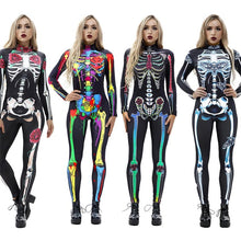 将图片加载到图库查看器，8Style Halloween Cosplay Costumes for Women Adult Scary Skeleton Bodysuit Print Long Sleeve Carnival Party Ghost Skull Dress
