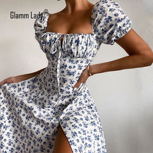 将图片加载到图库查看器，Glamm Lady Floral Print Casual Midi Sexy Party Dresses For Womens Strapless Autumn Summer Dress Club Bodycon Dress Puff Vestidos
