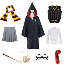 将图片加载到图库查看器，Girls Women Magic School Uniform Godric Hermione Robe Cloak Party Cosplay And Skirt Scarf Wand Kids Adult Halloween Costume
