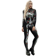 将图片加载到图库查看器，8Style Halloween Cosplay Costumes for Women Adult Scary Skeleton Bodysuit Print Long Sleeve Carnival Party Ghost Skull Dress
