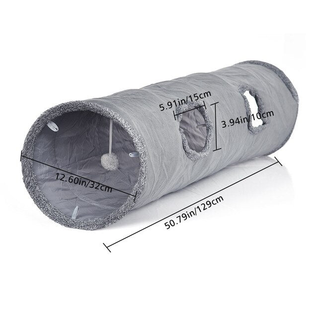 Gray Collapsible Cat Tunnel Funny Plush Cat Tunnel Kitten Play Tube with Ball Interactive Toy Ball Cat Pet Toy