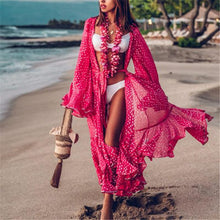 将图片加载到图库查看器，2020 Bikini Cover-ups Bohemian Dot Printed Flare Sleeve Ruffed Summer Beach Dress Chiffon Tunic Women Swimsuit Cover Up Q914
