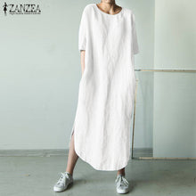 将图片加载到图库查看器，2021 ZANZEA Women O Neck Short Sleeve Sundress Summer Solid Cotton Linen Dress Split Long Vestido Female Robe Casual Party Dress
