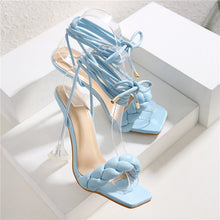 将图片加载到图库查看器，2021 Summer Designer Women Weave Blue Clear Heels Sandals 9cm Fetish High Heels Lace Up Sandals Open Toe Prom Shoes Plus Size
