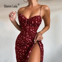 将图片加载到图库查看器，Glamm Lady Floral Print Casual Midi Sexy Party Dresses For Womens Strapless Autumn Summer Dress Club Bodycon Dress Puff Vestidos
