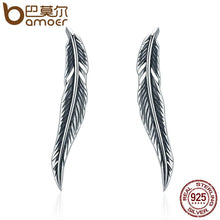 将图片加载到图库查看器，BAMOER 925 Sterling Silver Feathers Wing Stud Earrings With White Clear CZ SCE258
