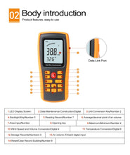 将图片加载到图库查看器，GM8903 wind speed meter long proble hot wire anemometer with 350 groups data logging and PC software
