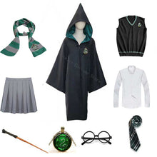 将图片加载到图库查看器，Girls Women Magic School Uniform Godric Hermione Robe Cloak Party Cosplay And Skirt Scarf Wand Kids Adult Halloween Costume
