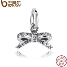 将图片加载到图库查看器，BAMOER 925 Sterling Silver Sparkling Bow knot Pendant Clear CZ Charms fit Bracelets PAS185
