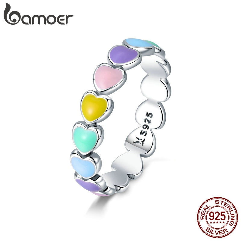 BAMOER Authentic 925 Sterling Silver Stackable Rainbow Heart Finger Rings for Women Wedding Engagement Ring Jewelry Anel SCR444