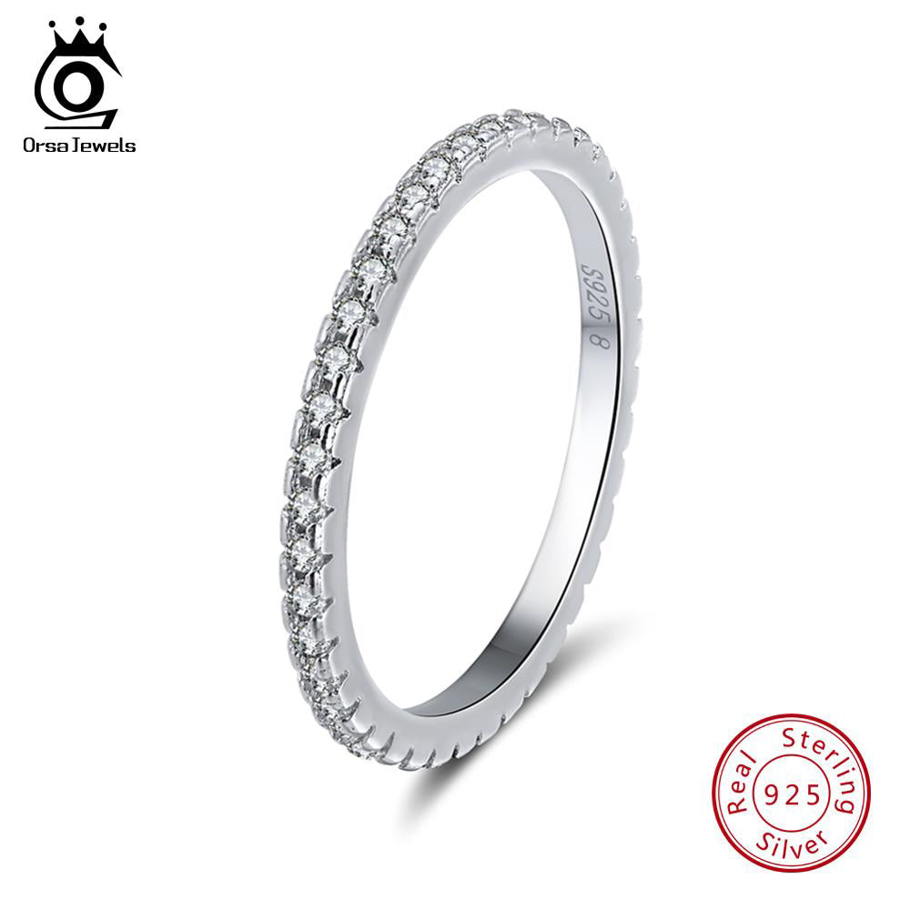 ORSA JEWELS 925 Sterling Silver Rings Women Classic Round Full Pave AAA Cubic Zircon Engagement Wedding Band Ring for Girls SR63
