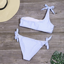 将图片加载到图库查看器，Sexy Stripe Bikinis Set Women One Shoulder Swimwear Low Waist Bandage Bathing Suit Swimsuit Summer Tube Top Female Beachwear
