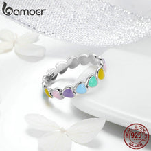 将图片加载到图库查看器，BAMOER Authentic 925 Sterling Silver Stackable Rainbow Heart Finger Rings for Women Wedding Engagement Ring Jewelry Anel SCR444
