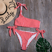将图片加载到图库查看器，Sexy Stripe Bikinis Set Women One Shoulder Swimwear Low Waist Bandage Bathing Suit Swimsuit Summer Tube Top Female Beachwear
