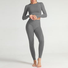 将图片加载到图库查看器，Sarah Women two piece set Seamless set Fitness Sports Suits gym clothes Long Sleeve Shirts High Waist Leggings Workout Pants tracksuit
