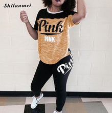 将图片加载到图库查看器，Pink Printing Women&#39;S Outfits Short Sleeve T-Shirts And Long Pants 2 Piece Set Fitness Plus Size XXXL Women&#39;S Summer Tracksuit
