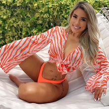 将图片加载到图库查看器，2021 Sexy Three Pieces Bikini Set Bell Sleeve Bikini Cover Up Swimwear Women Swimsuit Print Bathing Suit Beachwear Swimming Suit
