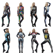 将图片加载到图库查看器，8Style Halloween Cosplay Costumes for Women Adult Scary Skeleton Bodysuit Print Long Sleeve Carnival Party Ghost Skull Dress
