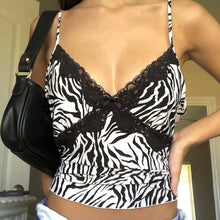 将图片加载到图库查看器，Rockmore Patchwork Lace Sexy Low Cut Tank Top Women Zebra Print Spaghetti Strap Crop Top Streetwear Cami V-Neck Club Party Y2k
