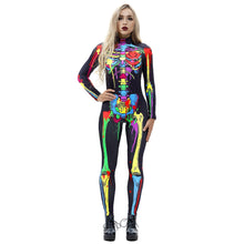 将图片加载到图库查看器，8Style Halloween Cosplay Costumes for Women Adult Scary Skeleton Bodysuit Print Long Sleeve Carnival Party Ghost Skull Dress
