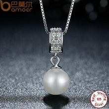 将图片加载到图库查看器，BAMOER 925 Sterling Silver Simulated Pearl Pendant Necklace Long Chain Necklace SCN030
