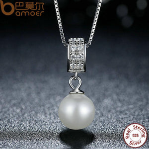 BAMOER 925 Sterling Silver Simulated Pearl Pendant Necklace Long Chain Necklace SCN030