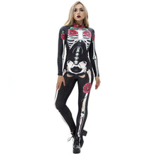 将图片加载到图库查看器，8Style Halloween Cosplay Costumes for Women Adult Scary Skeleton Bodysuit Print Long Sleeve Carnival Party Ghost Skull Dress
