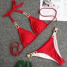 将图片加载到图库查看器，Shiny Rhinestone Bikini 2019 Crystal Diamond Swimsuit Women Metal Chains Swimwear female Bikini set Bandeau Halter Bathing Suit
