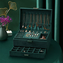 将图片加载到图库查看器，New  Green Stud Jewelry Organizer Large Ring Necklace Makeup Holder Cases Velvet Jewelry Box with Lock for Women
