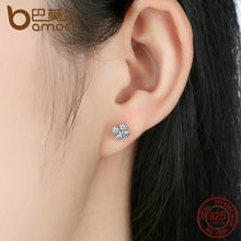 将图片加载到图库查看器，BAMOER 925 Sterling Silver Earrings Pink Silver Clear CZ Push Back Stud Earrings PAS481
