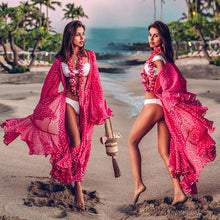 将图片加载到图库查看器，2020 Bikini Cover-ups Bohemian Dot Printed Flare Sleeve Ruffed Summer Beach Dress Chiffon Tunic Women Swimsuit Cover Up Q914
