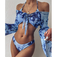 将图片加载到图库查看器，2021 Sexy Three Pieces Bikini Set Bell Sleeve Bikini Cover Up Swimwear Women Swimsuit Print Bathing Suit Beachwear Swimming Suit
